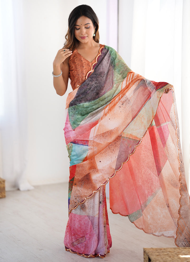 Vegaa Fashion Multi Color Chinon Silk Print Work With Mirror Work Border Designer Saree | Grocsy