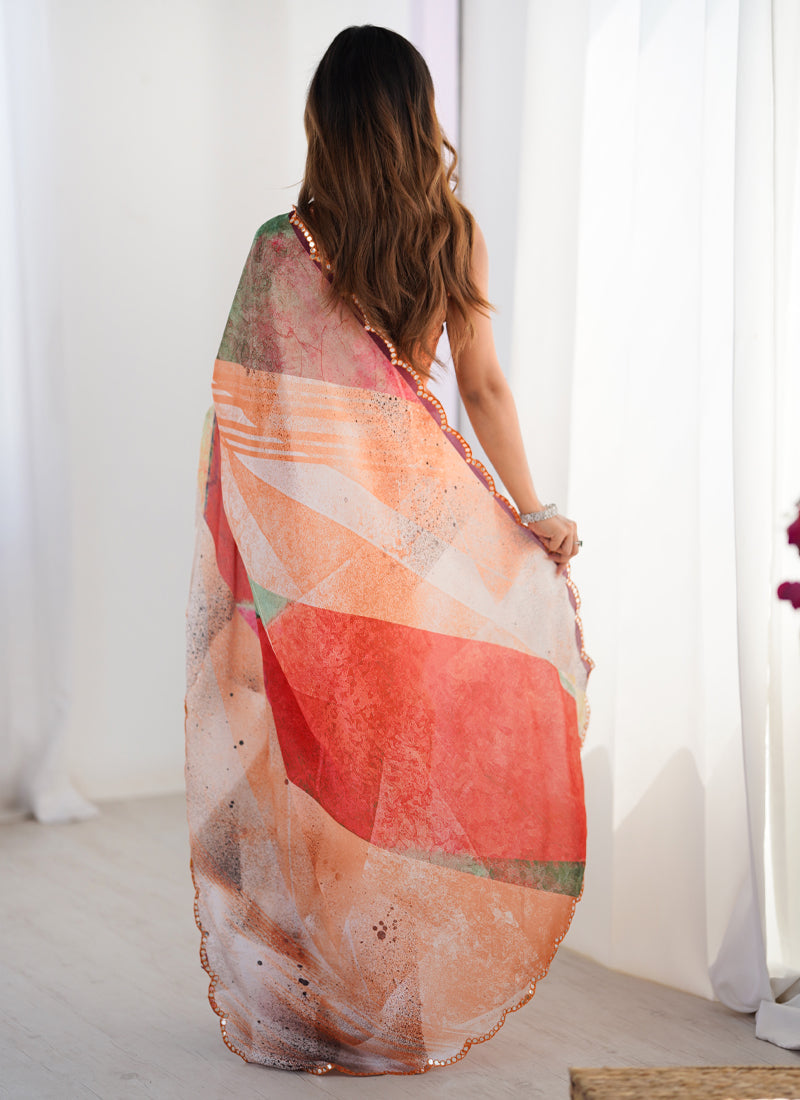 Vegaa Fashion Multi Color Chinon Silk Print Work With Mirror Work Border Designer Saree | Grocsy