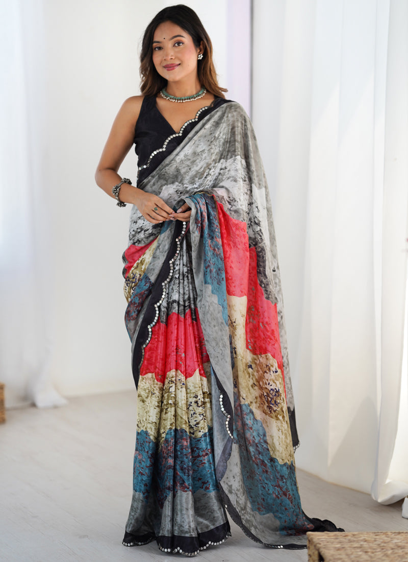 Vegaa Fashion Multi Color Chinon Silk Print Work With Mirror Work Border Designer Saree | Grocsy