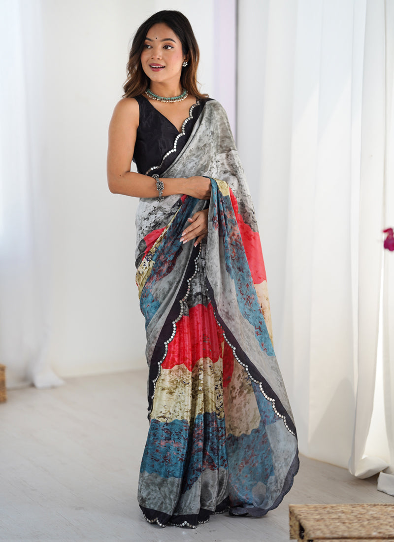 Vegaa Fashion Multi Color Chinon Silk Print Work With Mirror Work Border Designer Saree | Grocsy