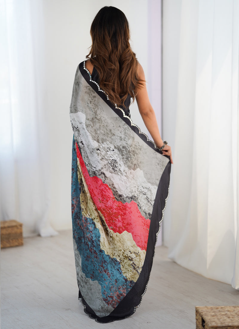 Vegaa Fashion Multi Color Chinon Silk Print Work With Mirror Work Border Designer Saree | Grocsy