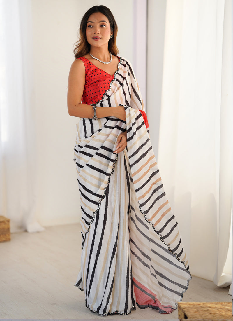 Vegaa Fashion Off White Chinon Silk Print Work With Mirror Work Border Designer Saree | Grocsy