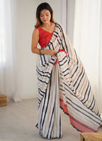 Vegaa Fashion Off White Chinon Silk Print Work With Mirror Work Border Designer Saree | Grocsy