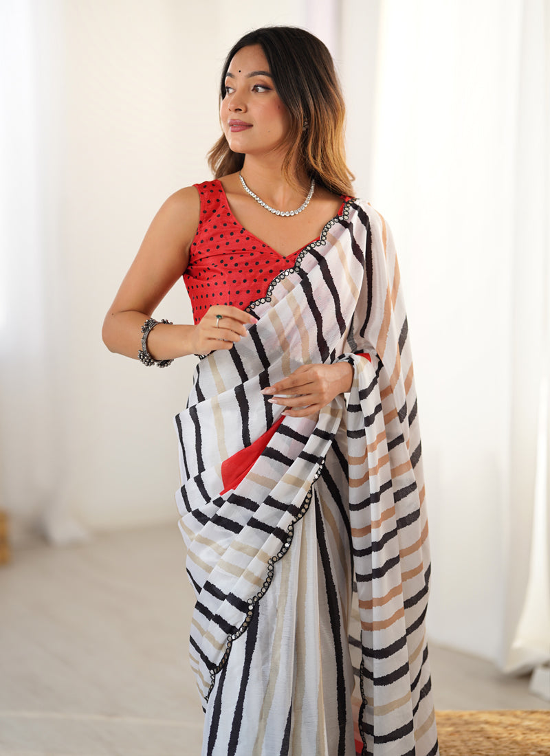 Vegaa Fashion Off White Chinon Silk Print Work With Mirror Work Border Designer Saree | Grocsy