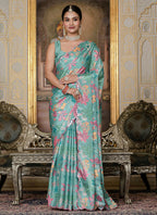 Vegaa Fashion Sky Blue Chinon Silk Floral Printed With Mirror Cut Border Ready To Wear Saree | Grocsy