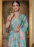 Vegaa Fashion Sky Blue Chinon Silk Floral Printed With Mirror Cut Border Ready To Wear Saree | Grocsy