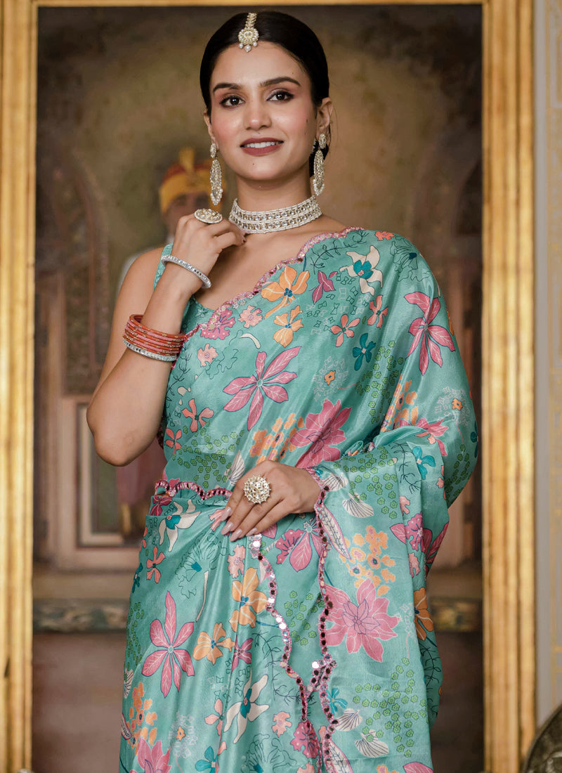Vegaa Fashion Sky Blue Chinon Silk Floral Printed With Mirror Cut Border Ready To Wear Saree | Grocsy