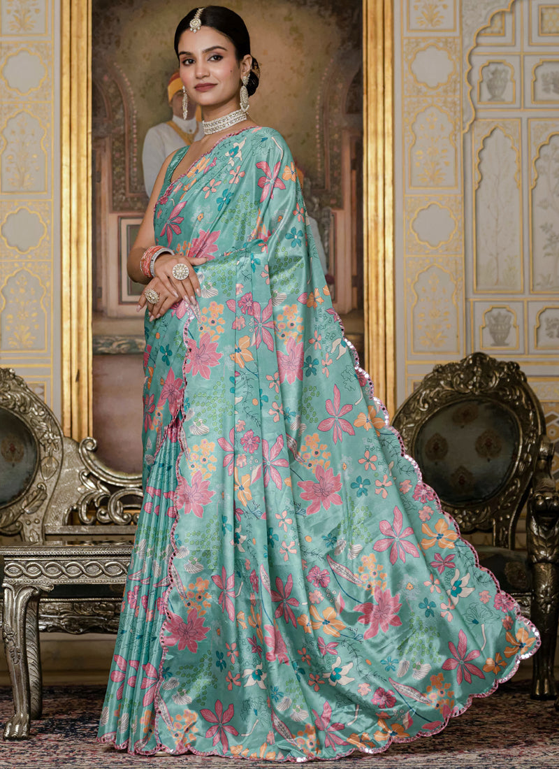 Vegaa Fashion Sky Blue Chinon Silk Floral Printed With Mirror Cut Border Ready To Wear Saree | Grocsy