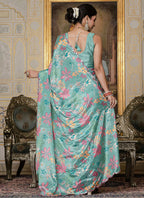 Vegaa Fashion Sky Blue Chinon Silk Floral Printed With Mirror Cut Border Ready To Wear Saree | Grocsy