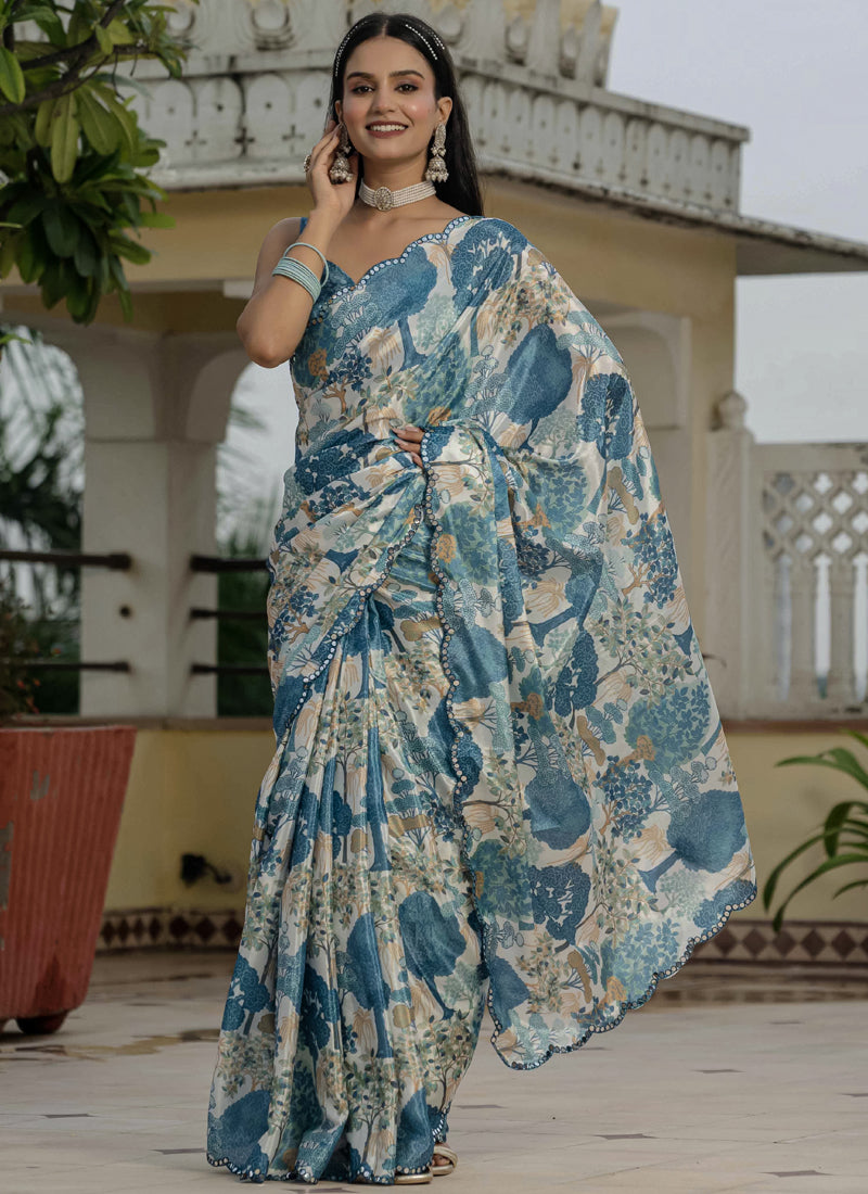 Vegaa Fashion Grey Chinon Silk Floral Printed With Mirror Cut Border Ready To Wear Saree | Grocsy