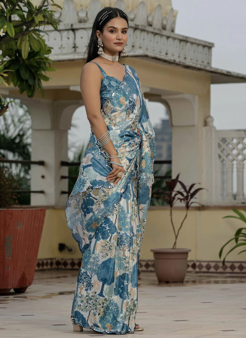 Vegaa Fashion Grey Chinon Silk Floral Printed With Mirror Cut Border Ready To Wear Saree | Grocsy