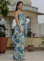Vegaa Fashion Grey Chinon Silk Floral Printed With Mirror Cut Border Ready To Wear Saree | Grocsy