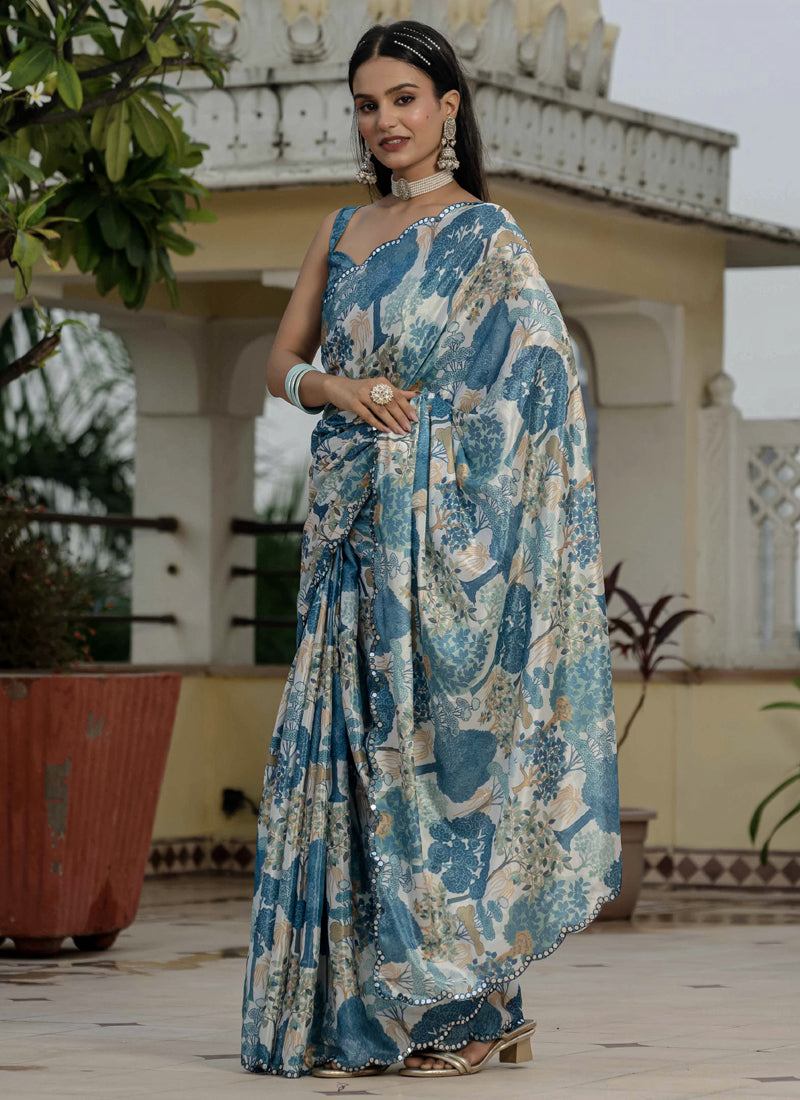 Vegaa Fashion Grey Chinon Silk Floral Printed With Mirror Cut Border Ready To Wear Saree | Grocsy