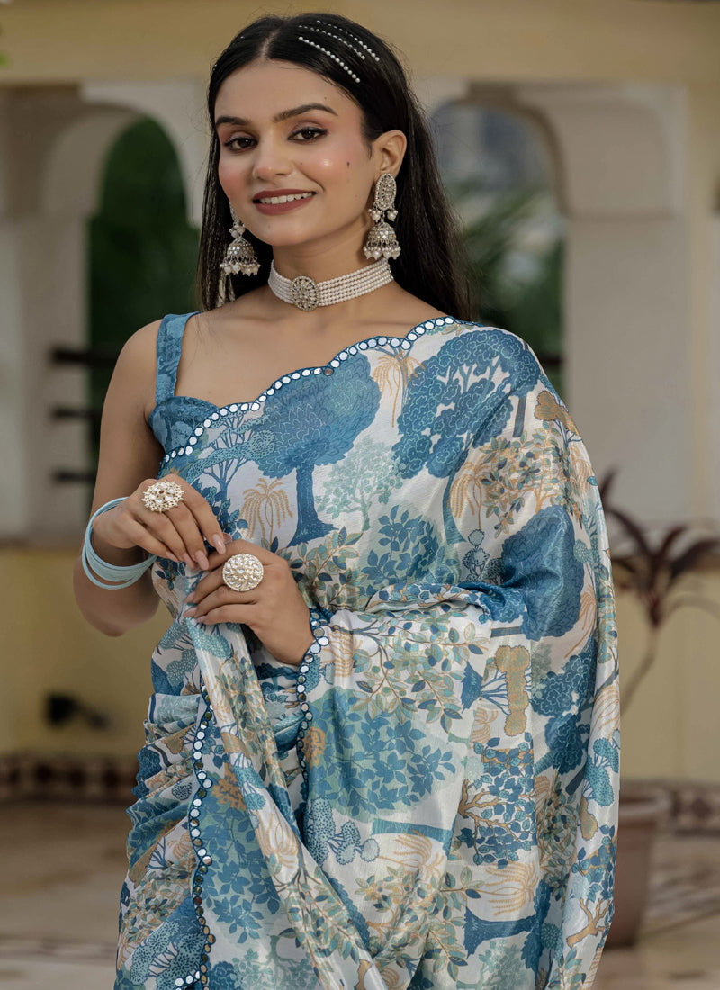 Vegaa Fashion Grey Chinon Silk Floral Printed With Mirror Cut Border Ready To Wear Saree | Grocsy
