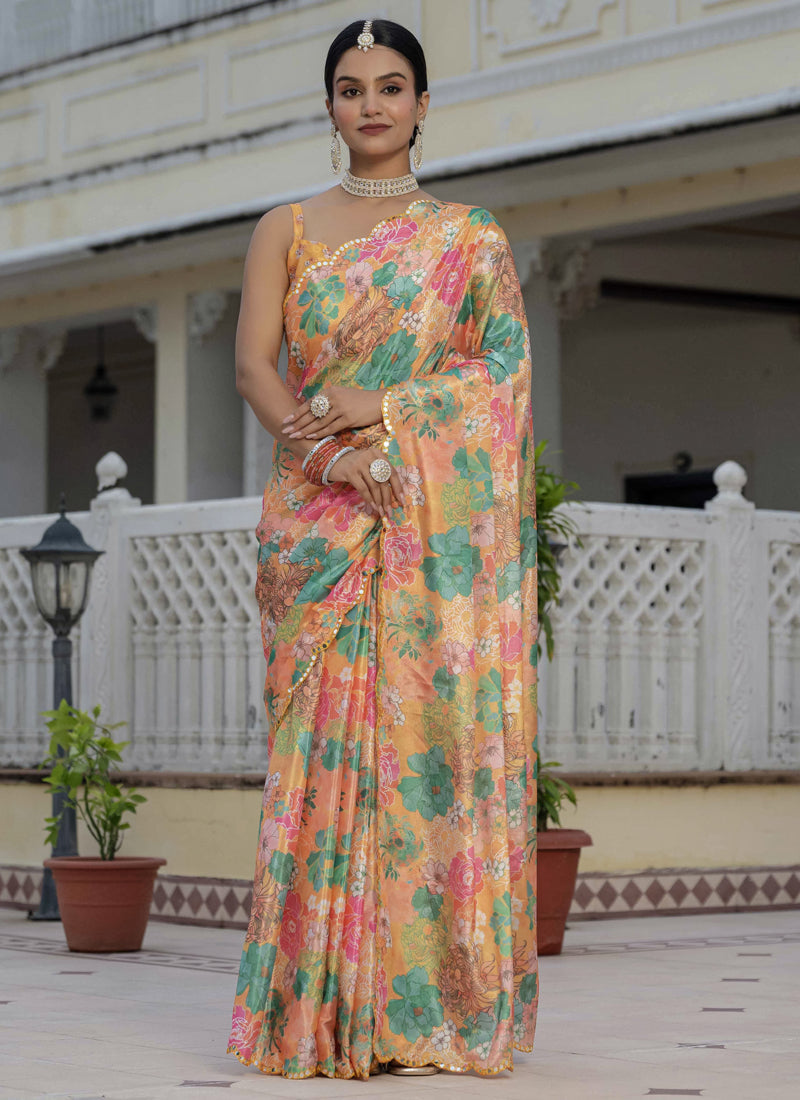 Vegaa Fashion Mustard Chinon Silk Floral Printed With Mirror Cut Border Ready To Wear Saree | Grocsy
