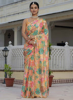 Vegaa Fashion Mustard Chinon Silk Floral Printed With Mirror Cut Border Ready To Wear Saree | Grocsy
