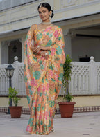 Vegaa Fashion Mustard Chinon Silk Floral Printed With Mirror Cut Border Ready To Wear Saree | Grocsy