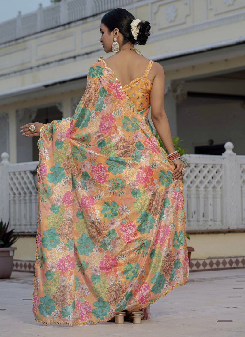 Vegaa Fashion Mustard Chinon Silk Floral Printed With Mirror Cut Border Ready To Wear Saree | Grocsy
