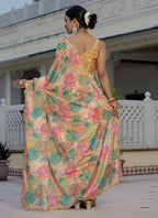 Vegaa Fashion Mustard Chinon Silk Floral Printed With Mirror Cut Border Ready To Wear Saree | Grocsy