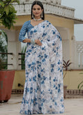 Vegaa Fashion Off White Chinon Silk Floral Printed With Mirror Cut Border Ready To Wear Saree | Grocsy