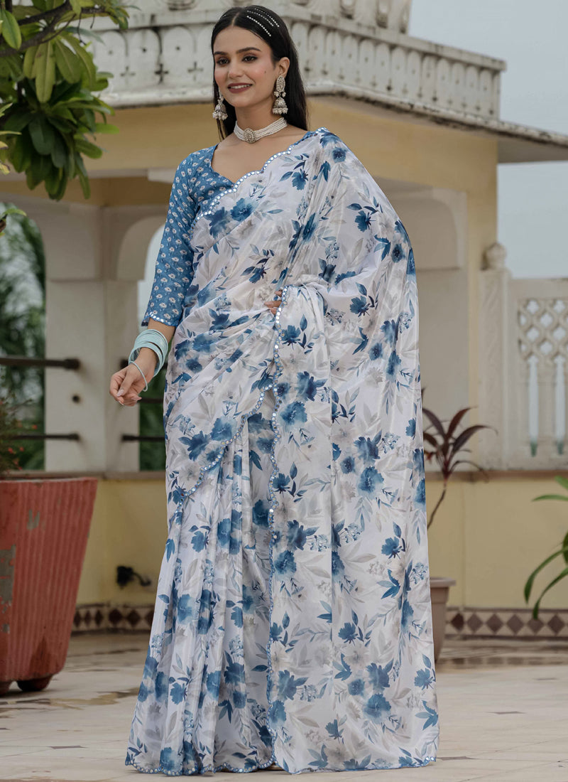 Vegaa Fashion Off White Chinon Silk Floral Printed With Mirror Cut Border Ready To Wear Saree | Grocsy