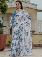 Vegaa Fashion Off White Chinon Silk Floral Printed With Mirror Cut Border Ready To Wear Saree | Grocsy