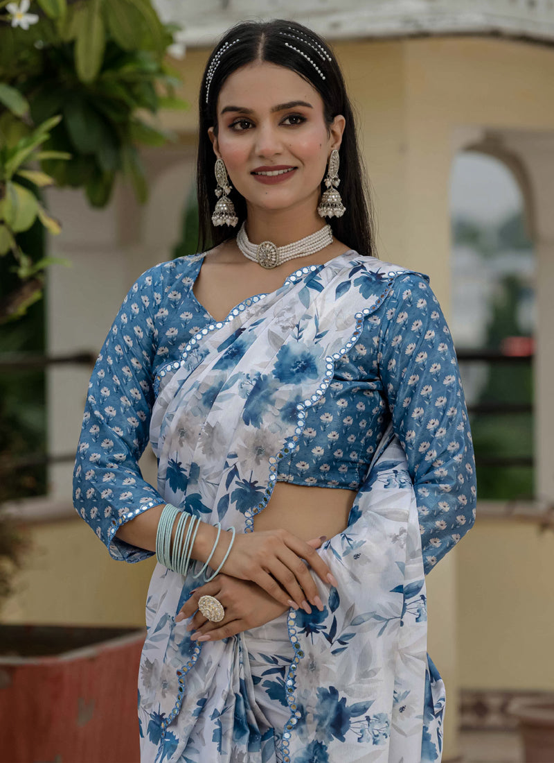 Vegaa Fashion Off White Chinon Silk Floral Printed With Mirror Cut Border Ready To Wear Saree | Grocsy