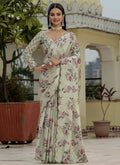 Vegaa Fashion Beige Chinon Silk Floral Printed With Mirror Cut Border Ready To Wear Saree | Grocsy