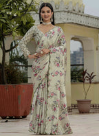 Vegaa Fashion Beige Chinon Silk Floral Printed With Mirror Cut Border Ready To Wear Saree | Grocsy