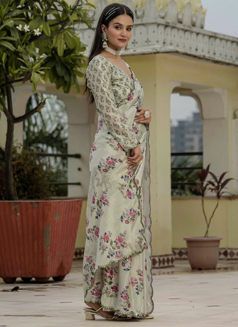 Vegaa Fashion Beige Chinon Silk Floral Printed With Mirror Cut Border Ready To Wear Saree | Grocsy
