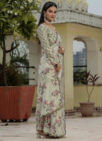 Vegaa Fashion Beige Chinon Silk Floral Printed With Mirror Cut Border Ready To Wear Saree | Grocsy