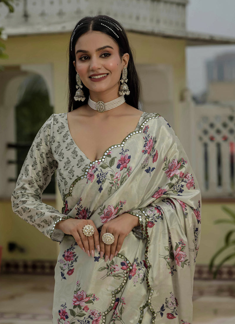 Vegaa Fashion Beige Chinon Silk Floral Printed With Mirror Cut Border Ready To Wear Saree | Grocsy