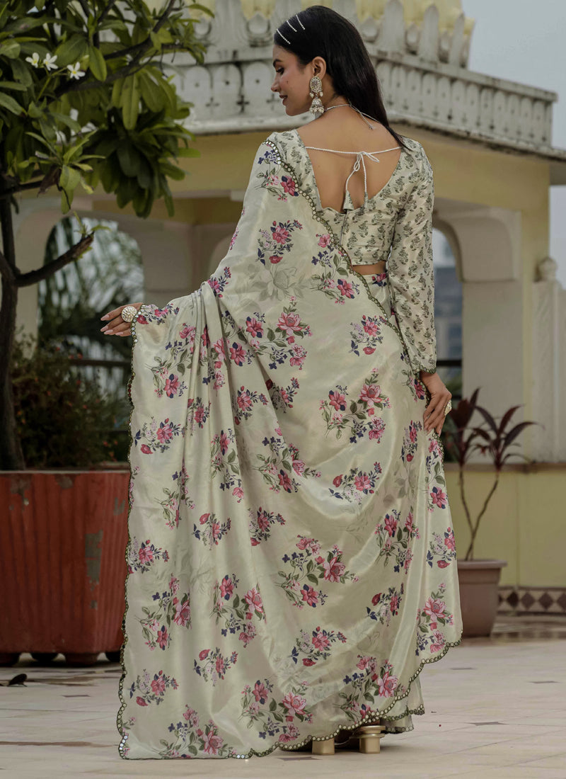 Vegaa Fashion Beige Chinon Silk Floral Printed With Mirror Cut Border Ready To Wear Saree | Grocsy