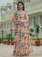 Vegaa Fashion Multi Color Chinon Silk Floral Printed With Mirror Cut Border Ready To Wear Saree | Grocsy
