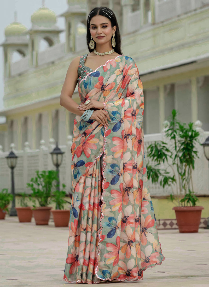 Vegaa Fashion Multi Color Chinon Silk Floral Printed With Mirror Cut Border Ready To Wear Saree | Grocsy