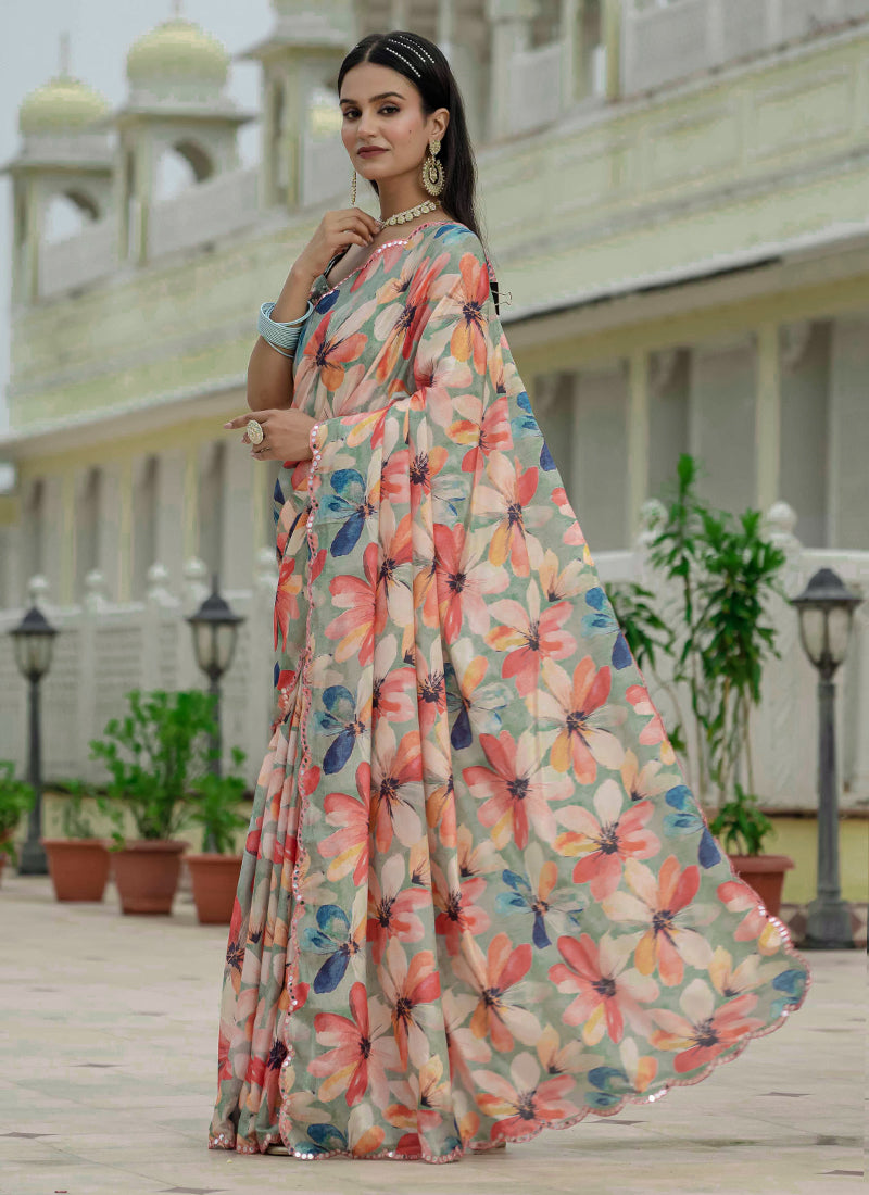 Vegaa Fashion Multi Color Chinon Silk Floral Printed With Mirror Cut Border Ready To Wear Saree | Grocsy