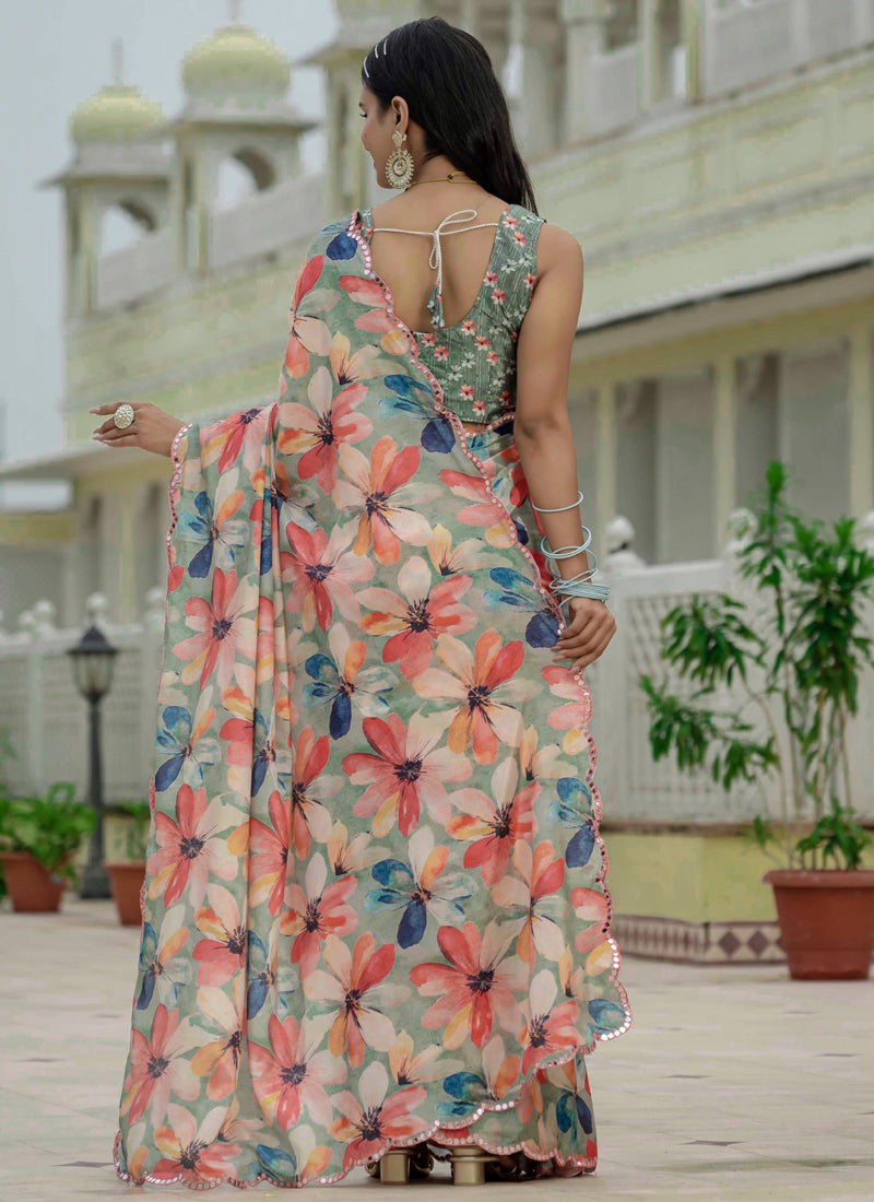 Vegaa Fashion Multi Color Chinon Silk Floral Printed With Mirror Cut Border Ready To Wear Saree | Grocsy