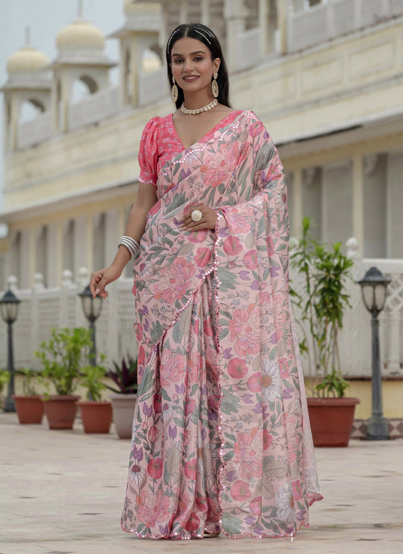 Vegaa Fashion Light Pink Chinon Silk Floral Printed With Mirror Cut Border Ready To Wear Saree | Grocsy