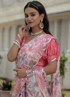 Vegaa Fashion Light Pink Chinon Silk Floral Printed With Mirror Cut Border Ready To Wear Saree | Grocsy