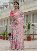 Vegaa Fashion Light Pink Chinon Silk Floral Printed With Mirror Cut Border Ready To Wear Saree | Grocsy