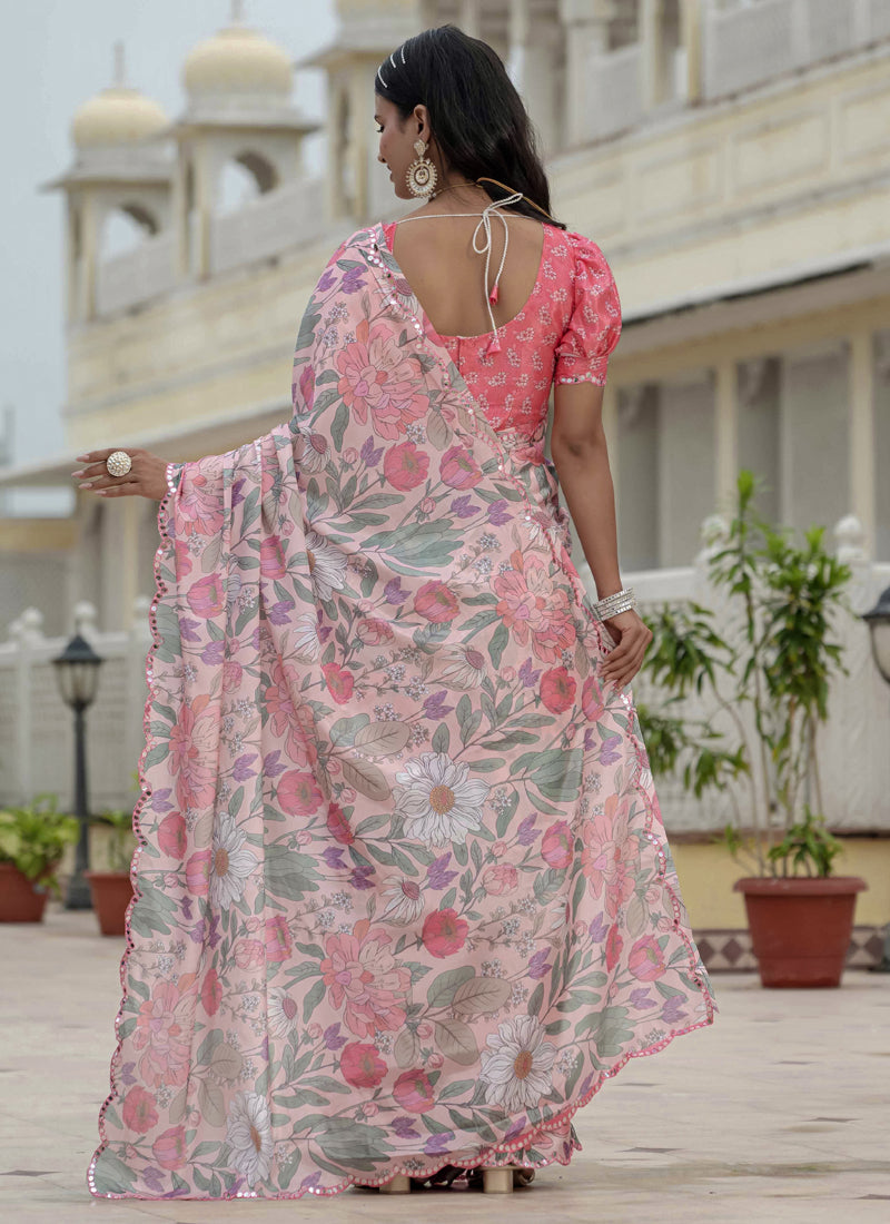 Vegaa Fashion Light Pink Chinon Silk Floral Printed With Mirror Cut Border Ready To Wear Saree | Grocsy