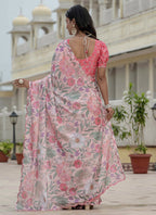 Vegaa Fashion Light Pink Chinon Silk Floral Printed With Mirror Cut Border Ready To Wear Saree | Grocsy