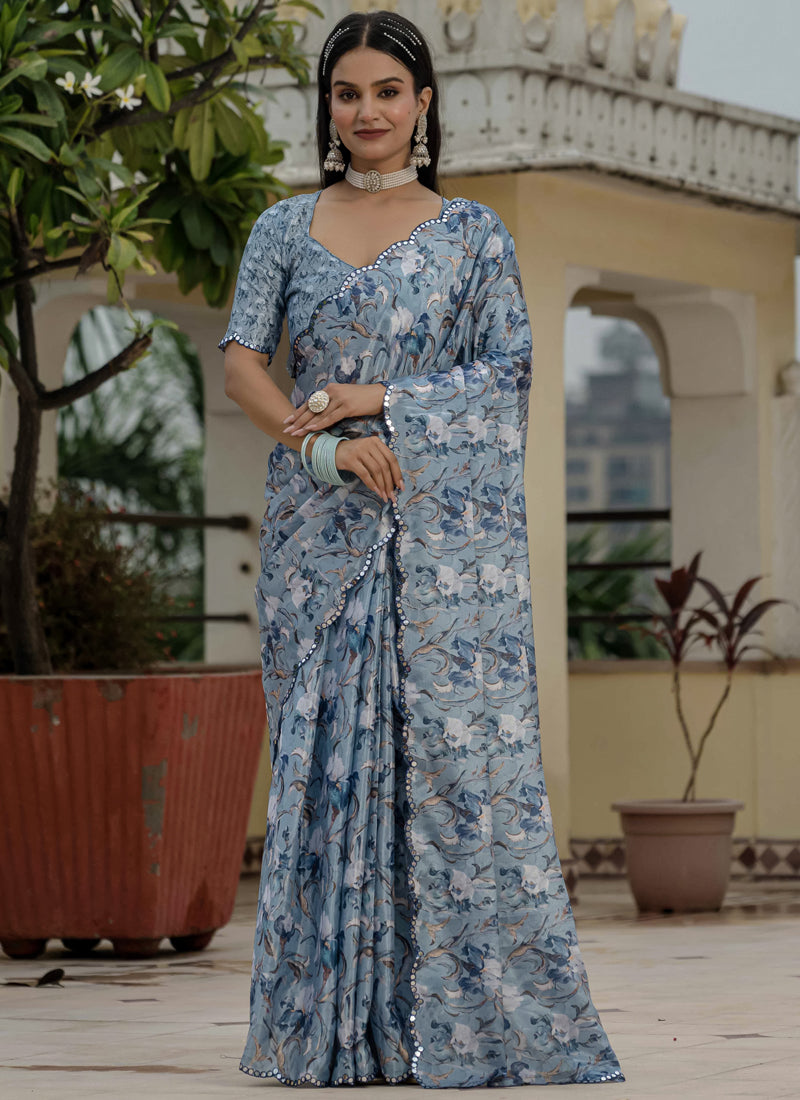 Vegaa Fashion Grey Chinon Silk Floral Printed With Mirror Cut Border Ready To Wear Saree | Grocsy