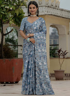 Vegaa Fashion Grey Chinon Silk Floral Printed With Mirror Cut Border Ready To Wear Saree | Grocsy