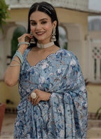Vegaa Fashion Grey Chinon Silk Floral Printed With Mirror Cut Border Ready To Wear Saree | Grocsy