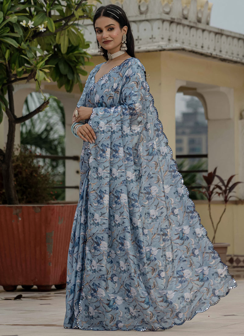 Vegaa Fashion Grey Chinon Silk Floral Printed With Mirror Cut Border Ready To Wear Saree | Grocsy