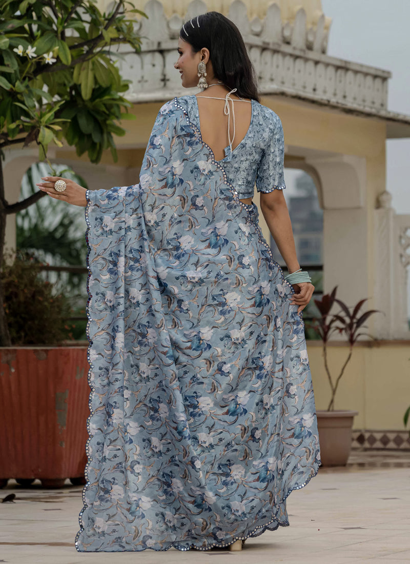 Vegaa Fashion Grey Chinon Silk Floral Printed With Mirror Cut Border Ready To Wear Saree | Grocsy