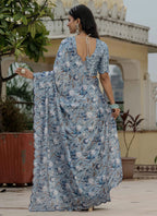Vegaa Fashion Grey Chinon Silk Floral Printed With Mirror Cut Border Ready To Wear Saree | Grocsy