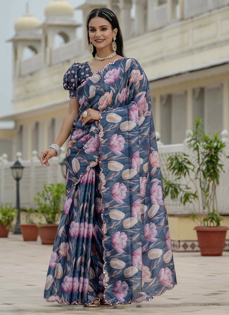 Vegaa Fashion Grey Chinon Silk Floral Printed With Mirror Cut Border Ready To Wear Saree | Grocsy