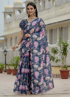 Vegaa Fashion Grey Chinon Silk Floral Printed With Mirror Cut Border Ready To Wear Saree | Grocsy